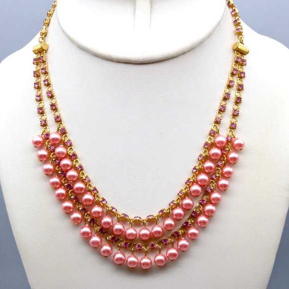 All You Need is Love Coquette Necklace, Pink Faux Pearls on Heart Links Double - Picture 1 of 4